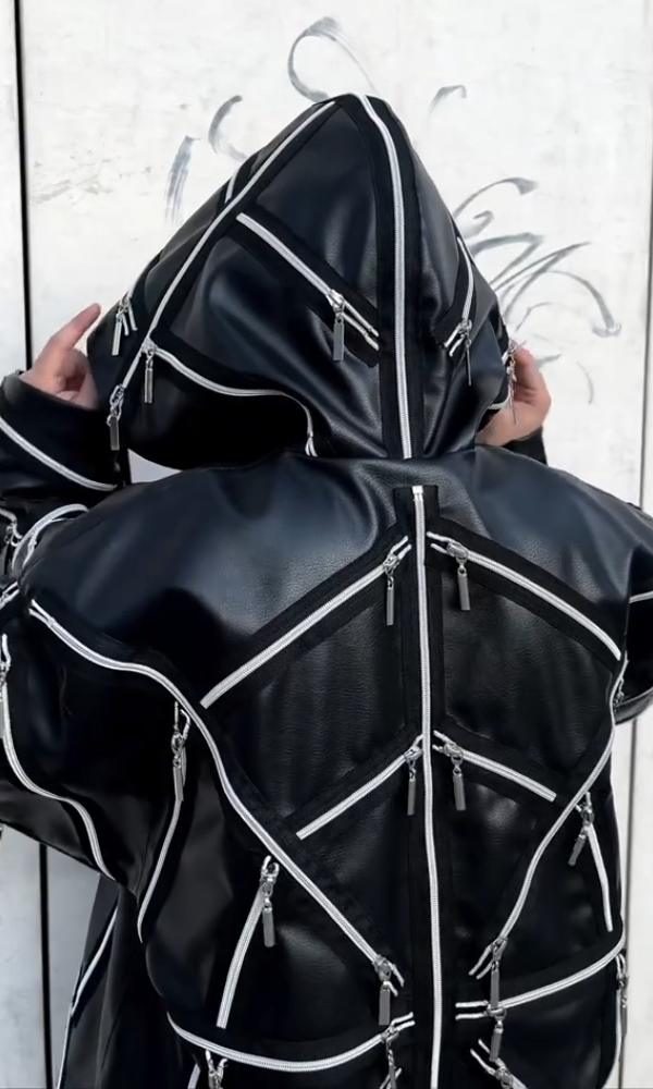 Couple's Hooded "Spider Web" Zipper Leather Jacket