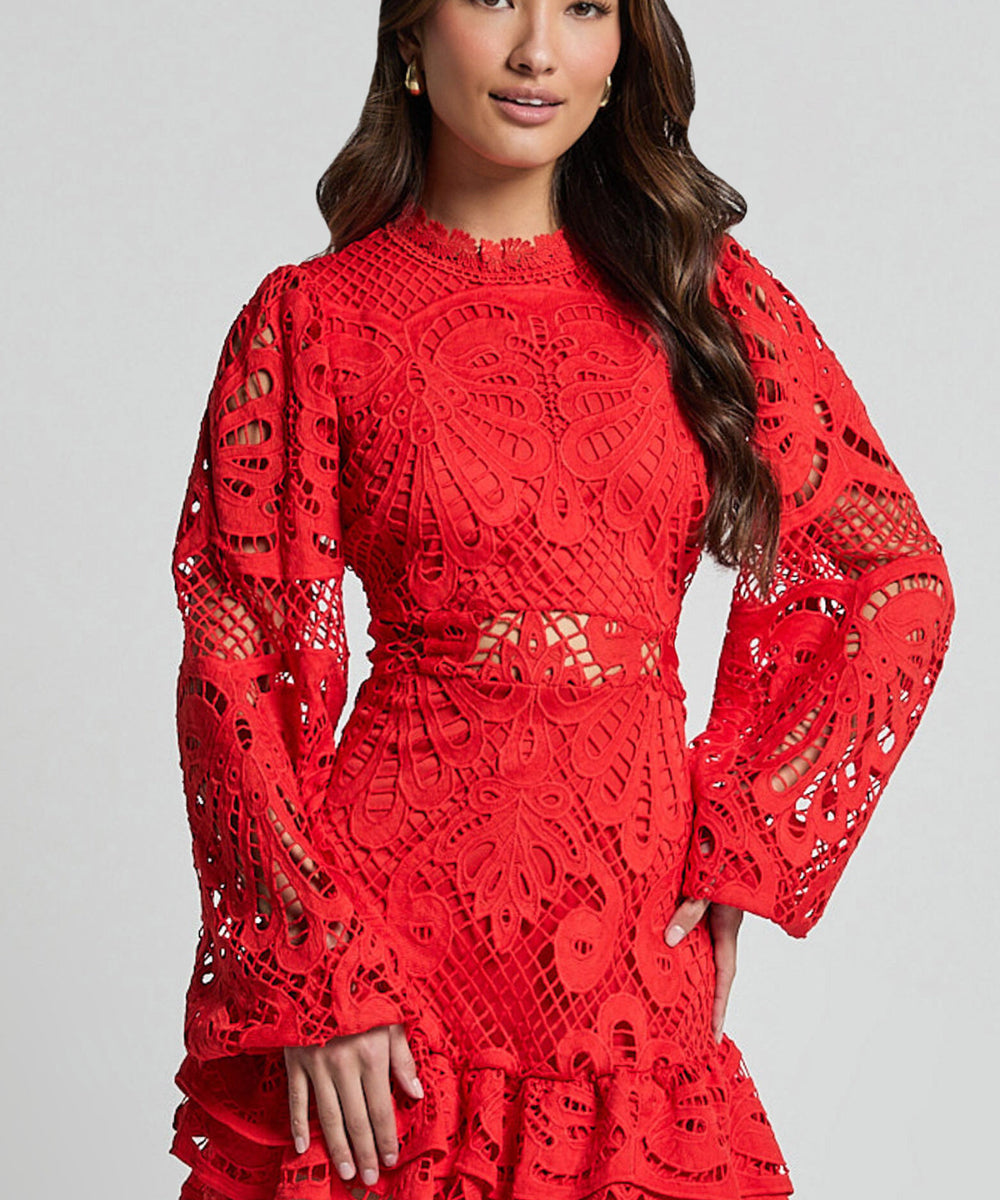 Ruffled hollow lace long-sleeved dress