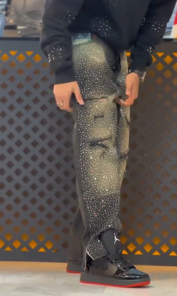 Side Zipper Casual Rhinestone Ripped Distressed Jeans