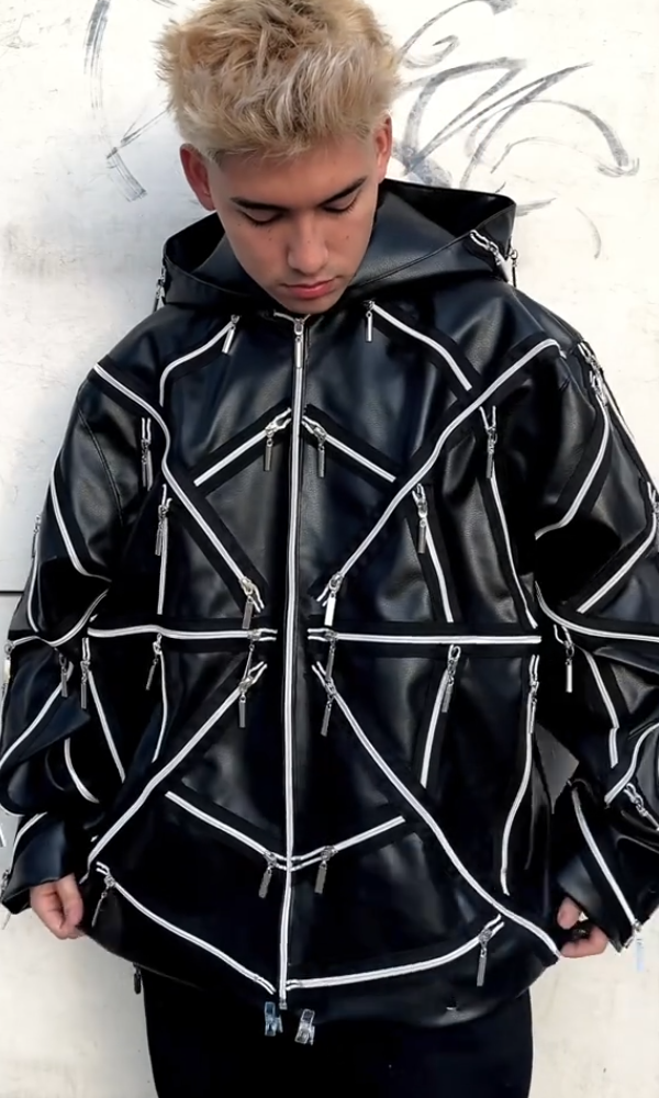 Couple's Hooded "Spider Web" Zipper Leather Jacket