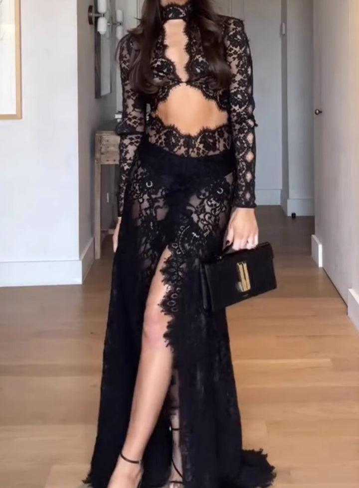 Trendy Lace Hollow Long Sleeve Dress