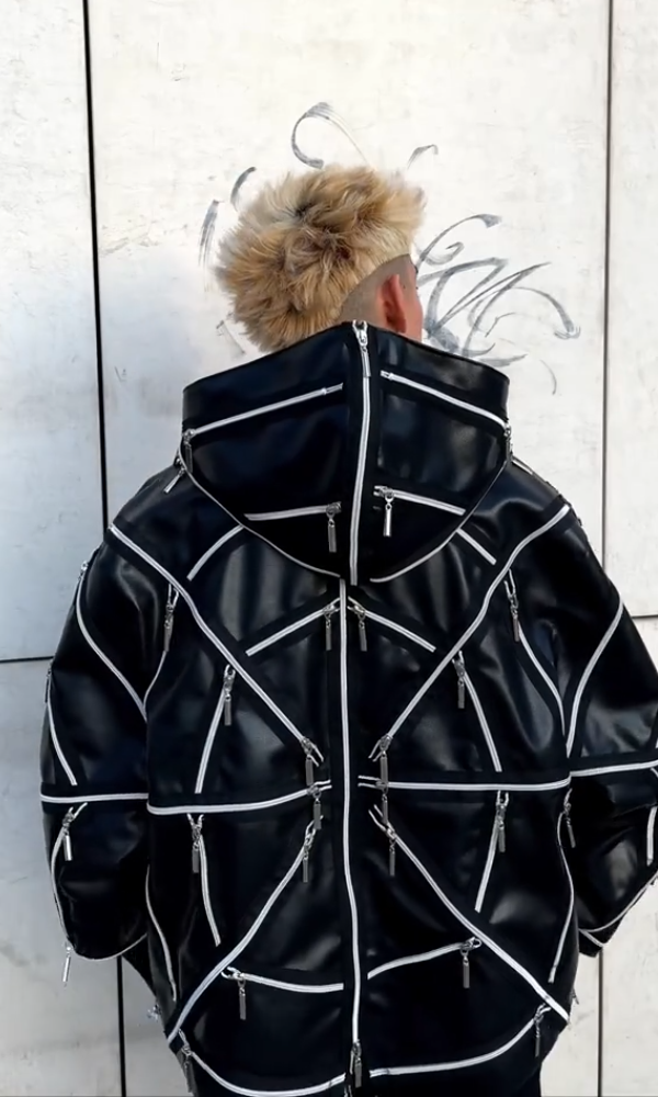 Couple's Hooded "Spider Web" Zipper Leather Jacket
