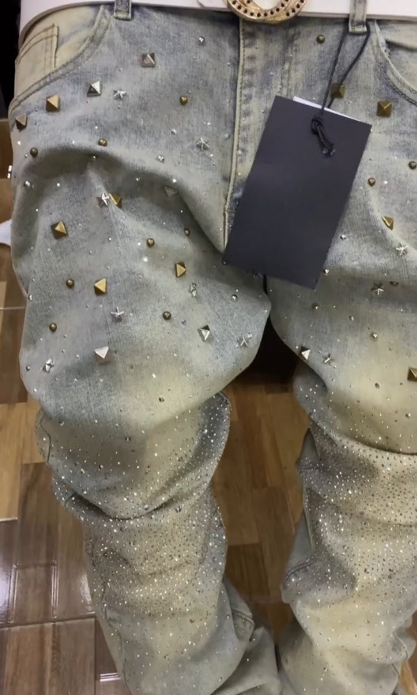 Men's Distressed Crystal Rhinestones Jeans
