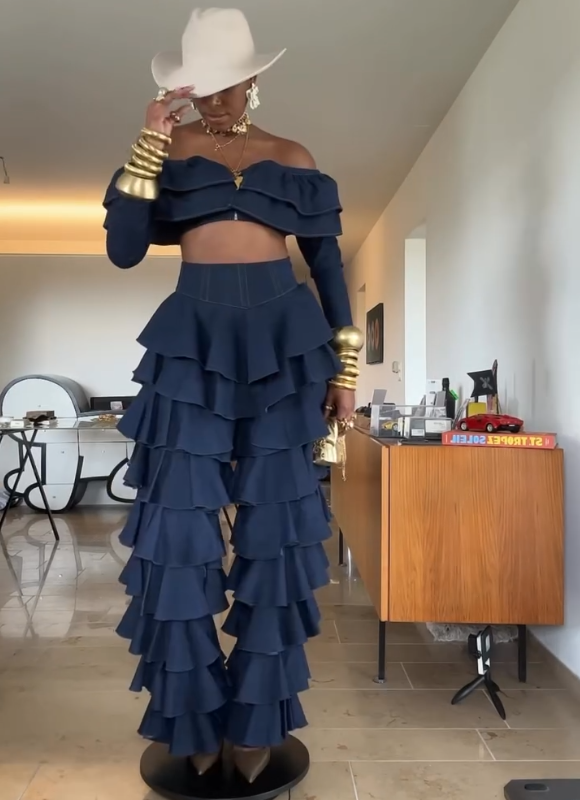 Chic Denim Ruffle Top & Pants Set