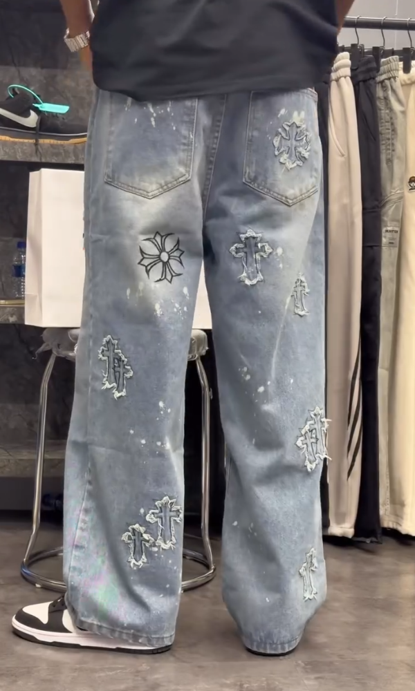 Cross-Embroidered Denim Jeans