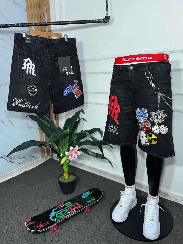 Embroidered Patch Denim Shorts