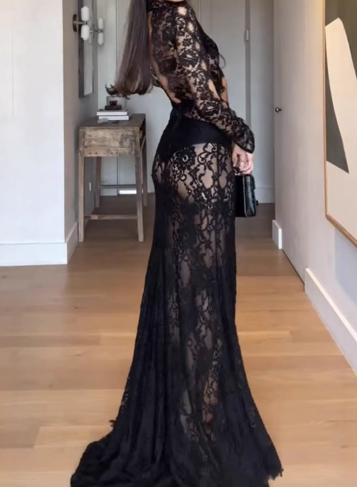 Trendy Lace Hollow Long Sleeve Dress