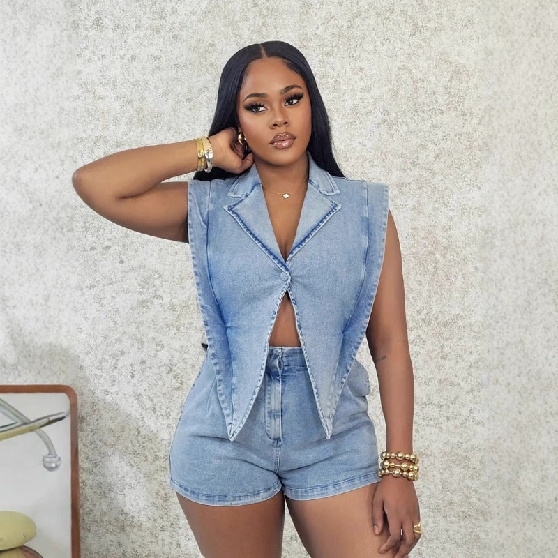 Casual Denim Shorts Set