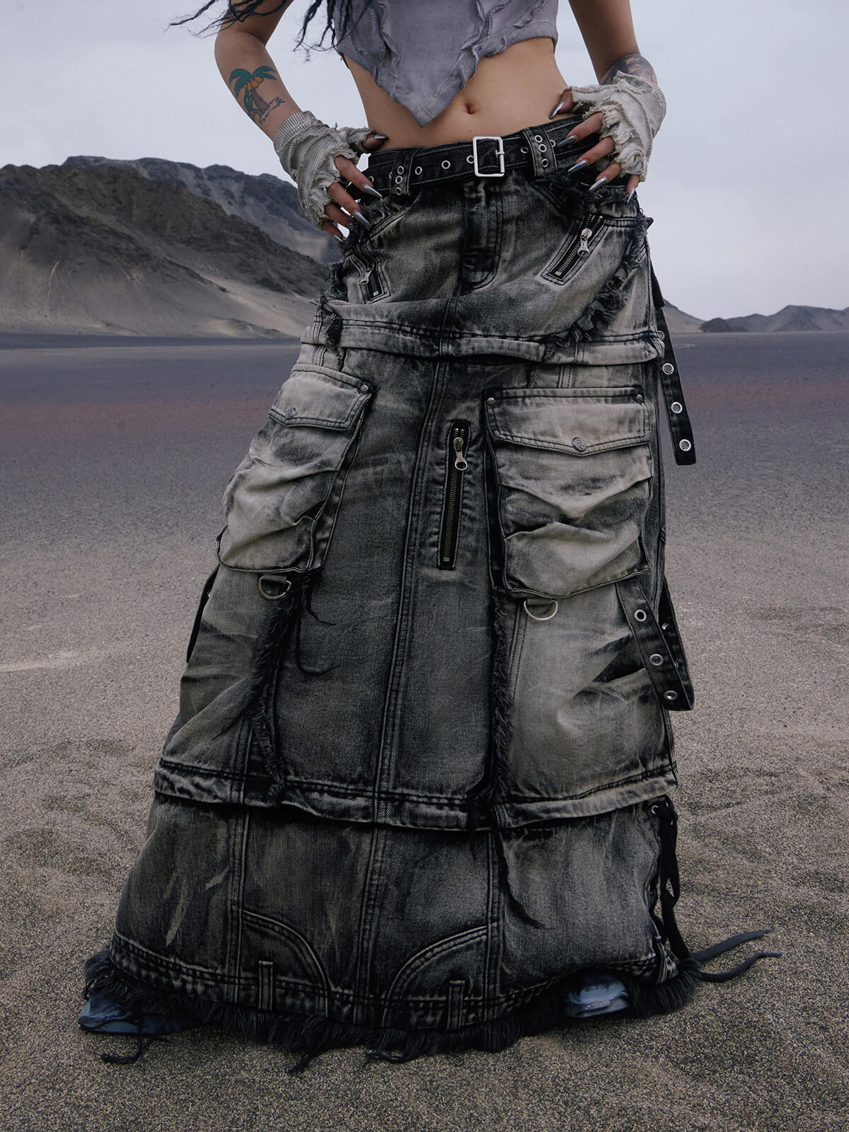 Zipper Pocket Faded Denim Maxi Skirt