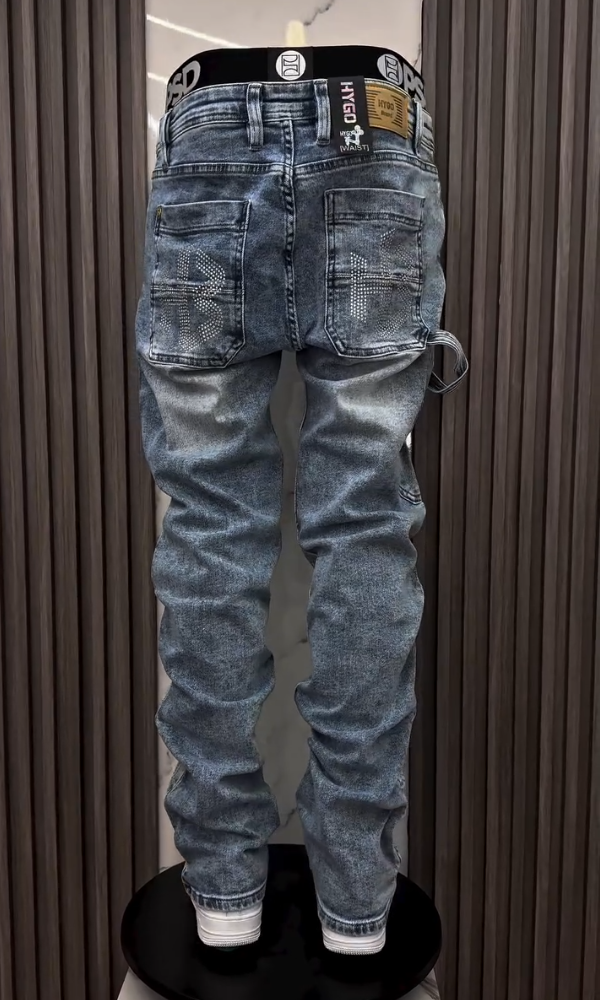 Hexagonal Rhinestone Draped Casual Jeans