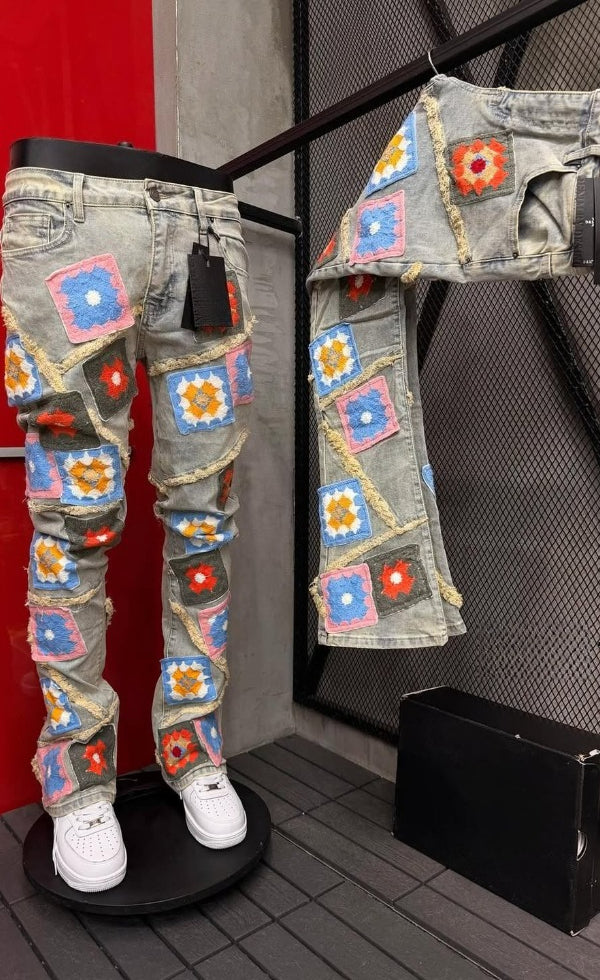 Men's Casual Floral Patch Jeans