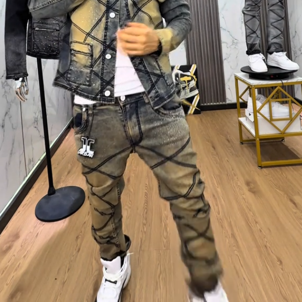 Mustard Yellow Distressed Denim Rhinestone Jacket & Trousers Set