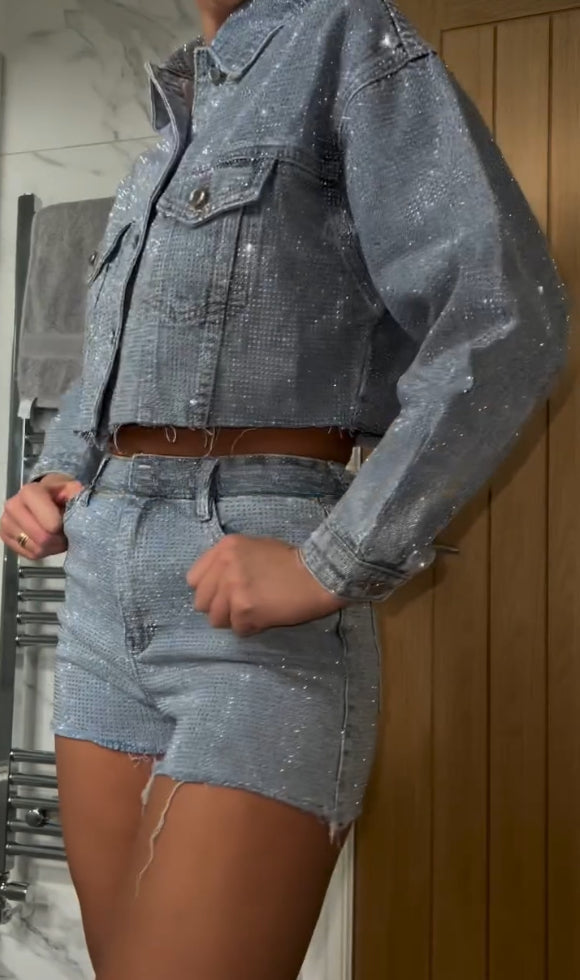 Shiny Party Denim Jacket & Shorts 2-Piece Set