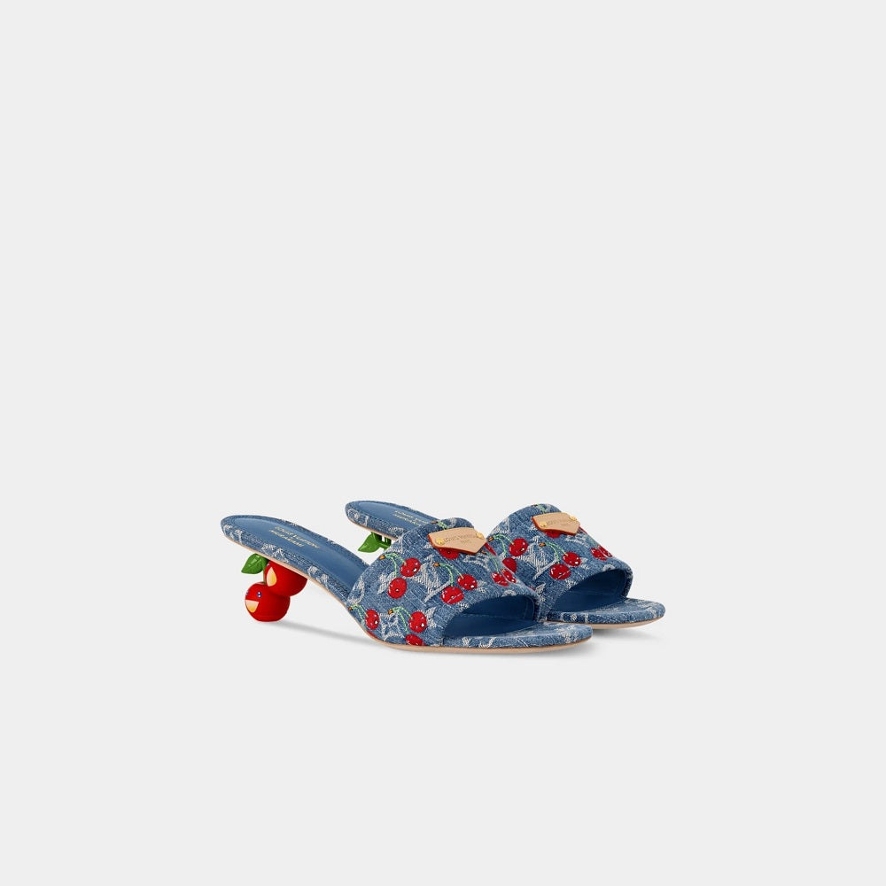 Cherry Embroidered Denim Sandals