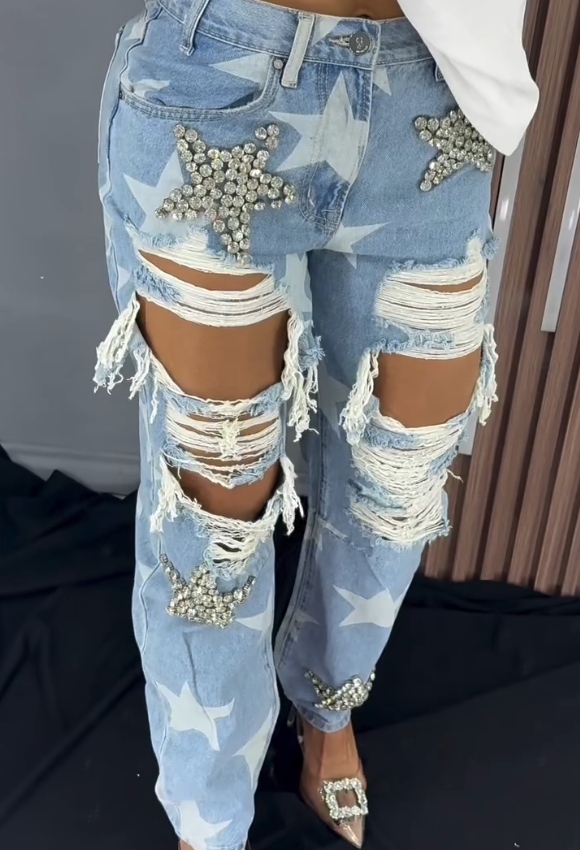 Chic Star Rhinestone Ripped Jeans