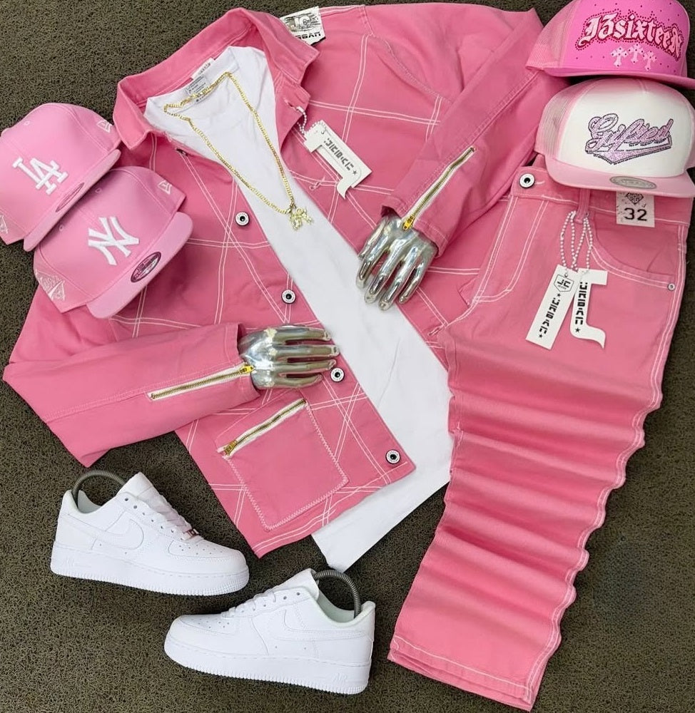 Men's Pink Double-stitched Jacket & Trousers Set