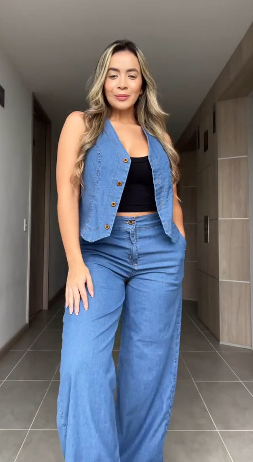 Versatile Casual V-neck Denim Set