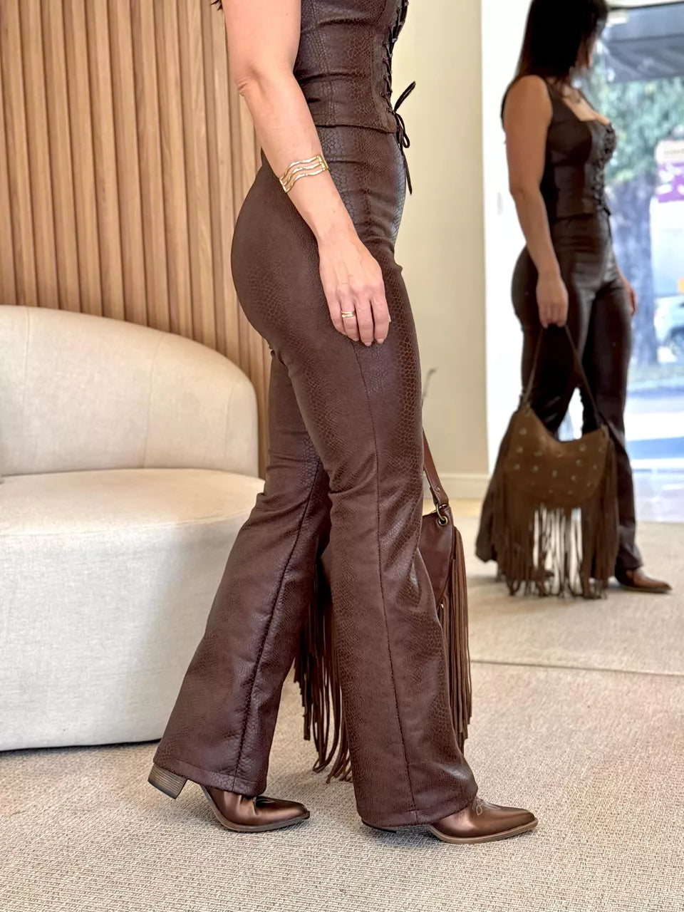 Silky Versatile Leather Top & Pants Set