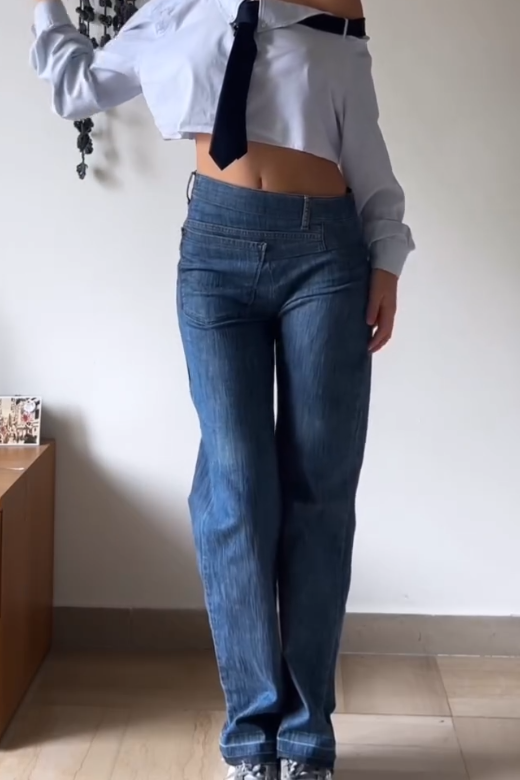 Asymmetric Waist Jeans with Front and Back Pockets