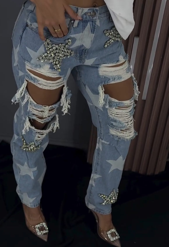 Chic Star Rhinestone Ripped Jeans