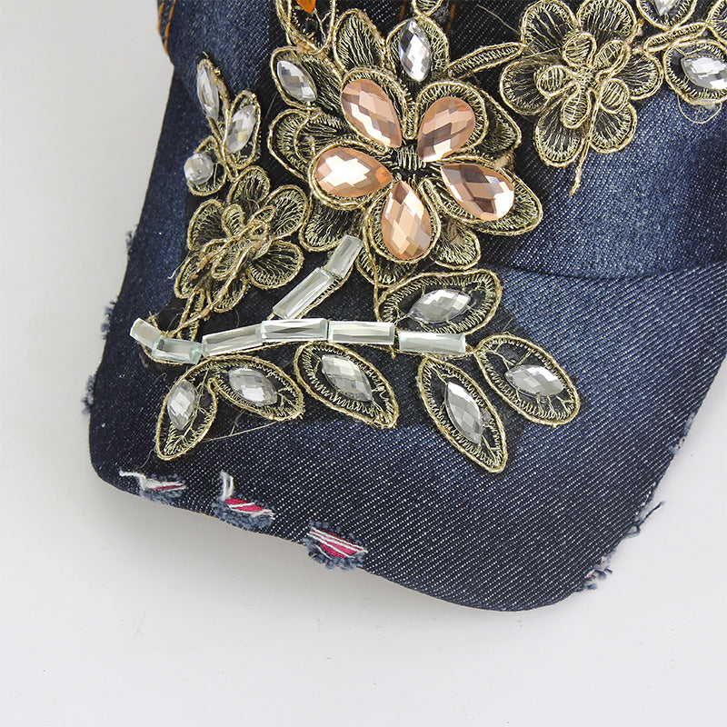 Fashionable Flower Rhinestone Denim Cap