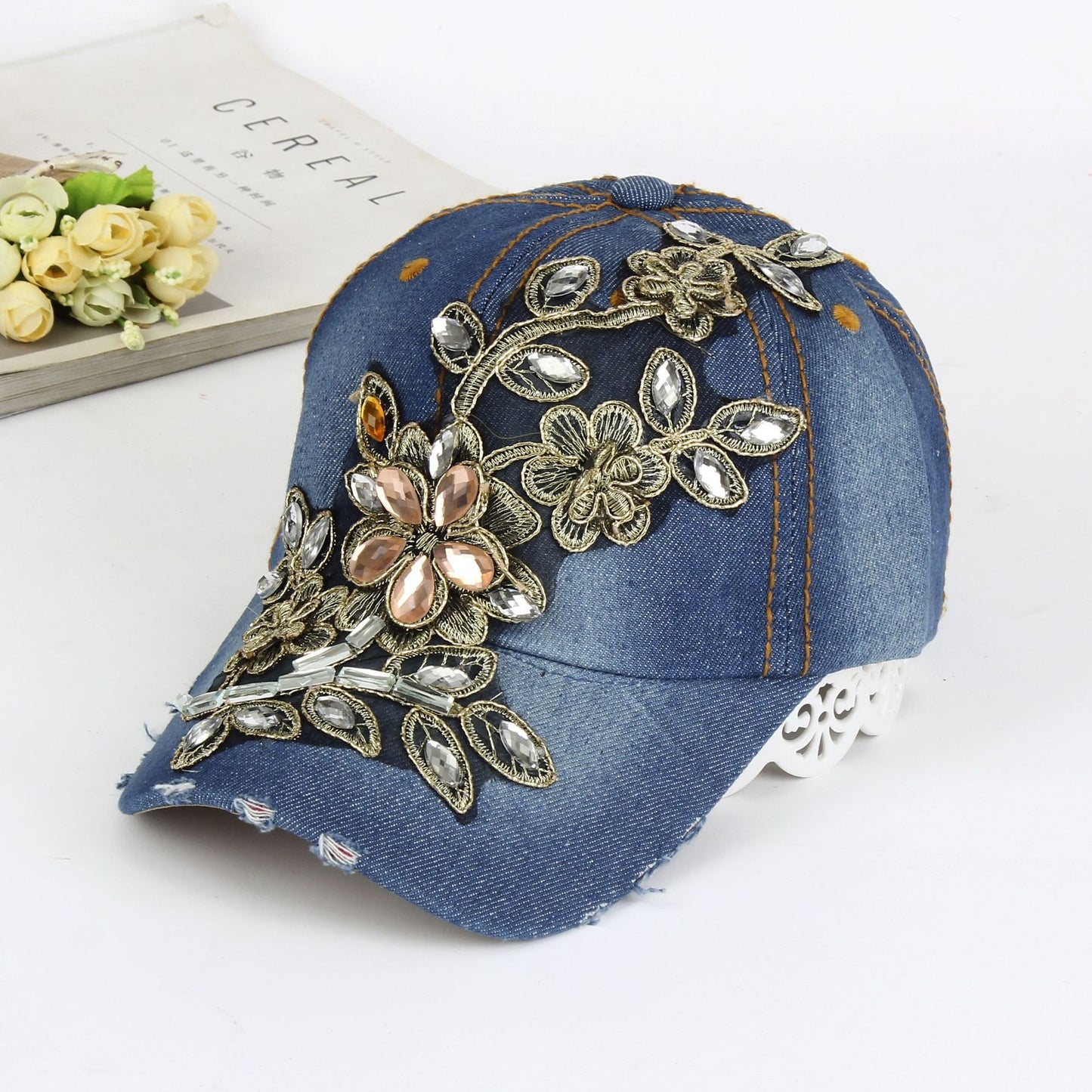 Fashionable Flower Rhinestone Denim Cap