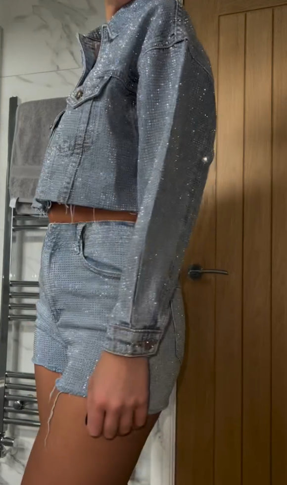 Shiny Party Denim Jacket & Shorts 2-Piece Set