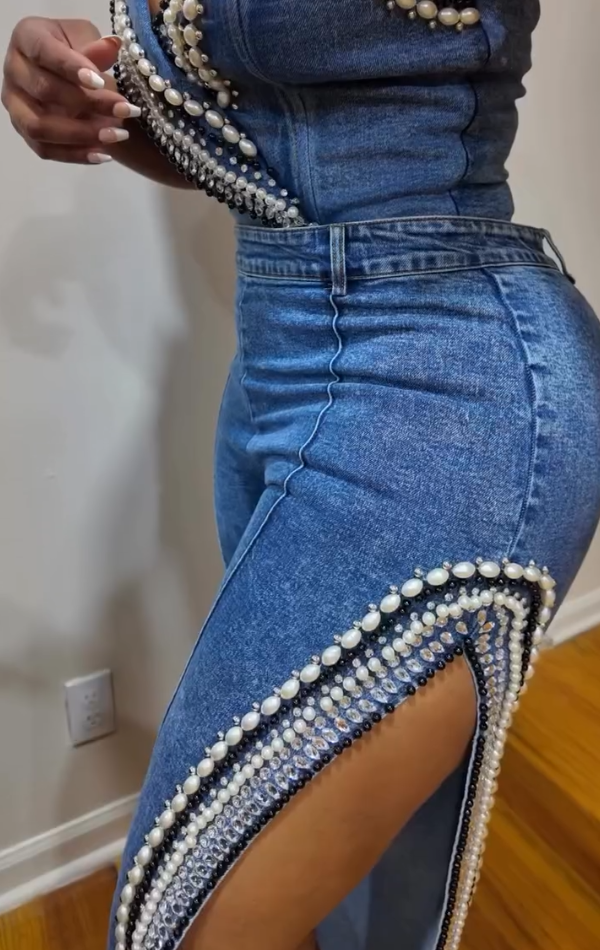 Pearl Rhinestone Top & Jeans Set