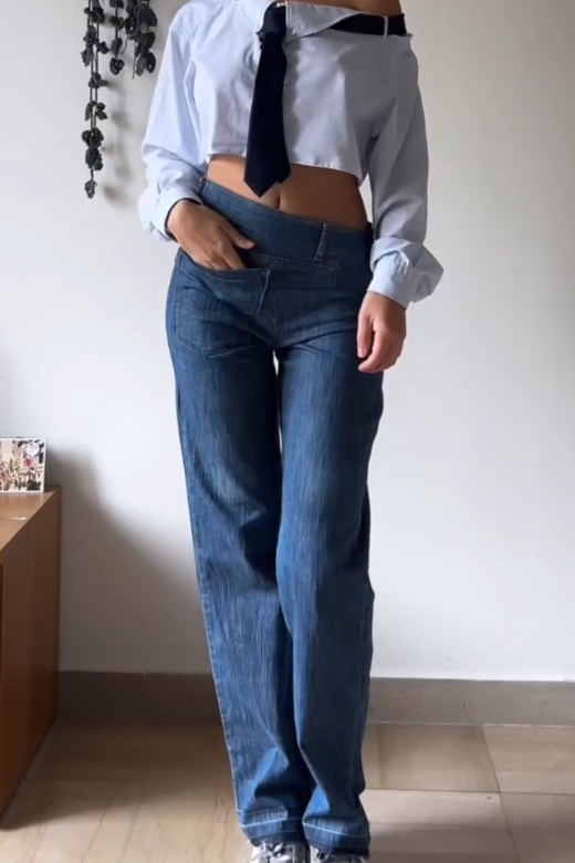 Asymmetric Waist Jeans with Front and Back Pockets