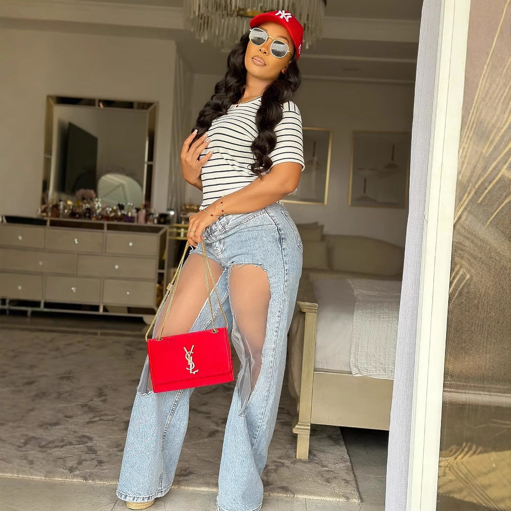 Women's Ripped Mesh Loose Jeans