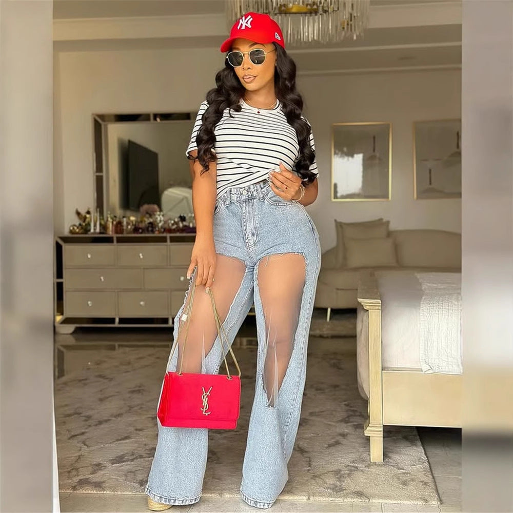 Women's Ripped Mesh Loose Jeans