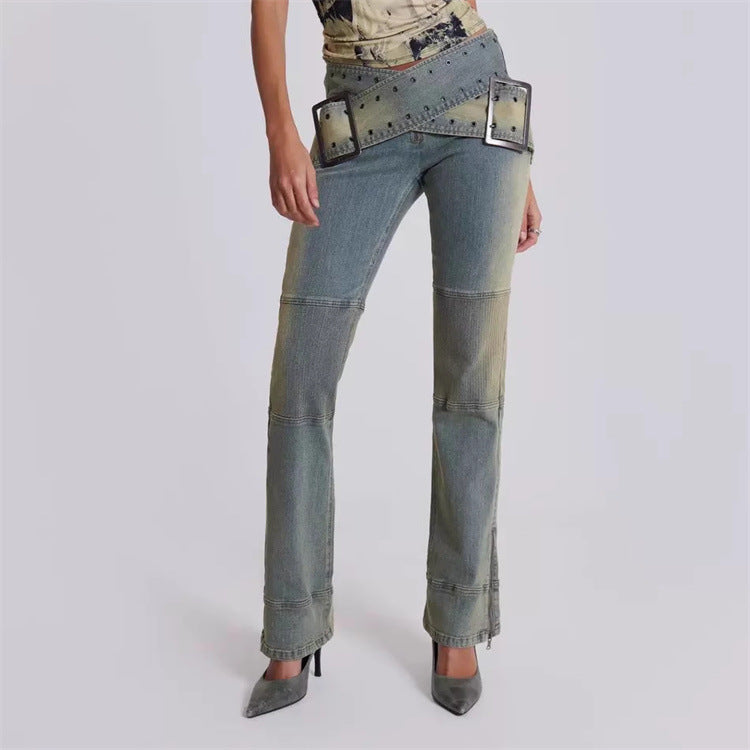 Fashion Wrap Cross Waistband Jeans