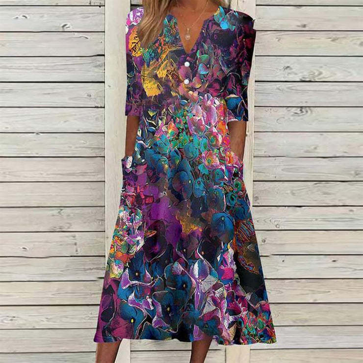 Print V-Neck 3/4 Sleeve Midi Dress