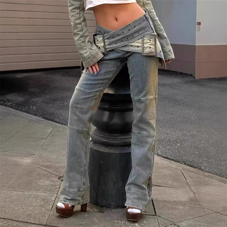 Fashion Wrap Cross Waistband Jeans