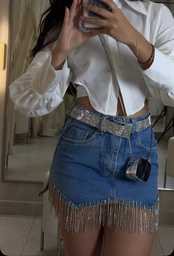 Shiny Fringe Rhinestone Denim Skirt