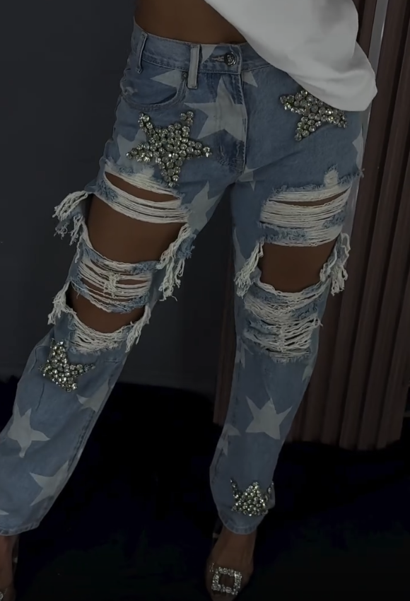 Chic Star Rhinestone Ripped Jeans