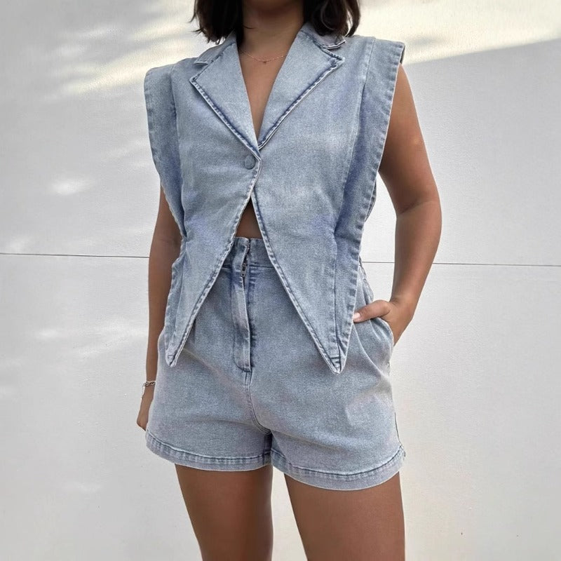 Casual Denim Shorts Set
