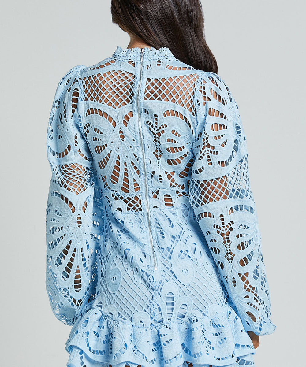 Ruffled hollow lace long-sleeved dress