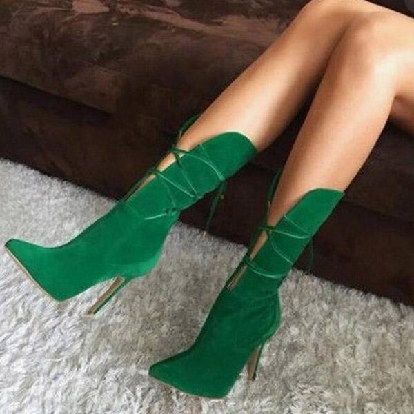 Solid Zipper Cross Tied Stiletto Heel Boots