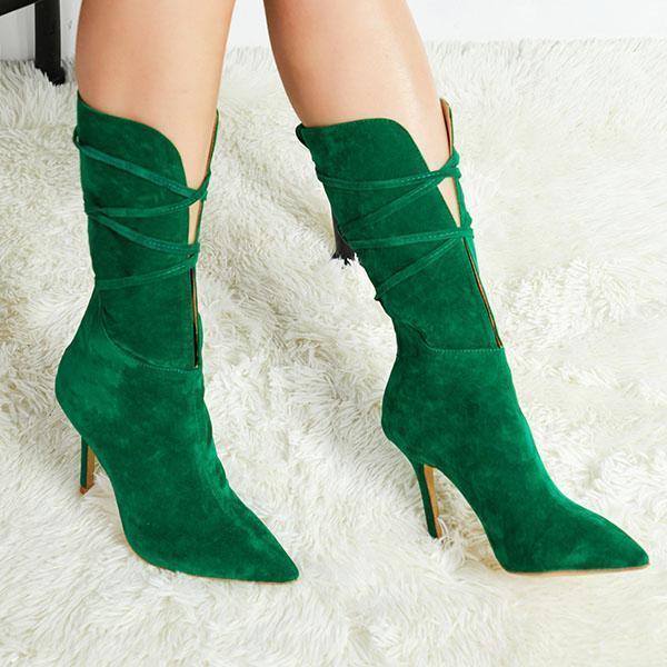 Solid Zipper Cross Tied Stiletto Heel Boots