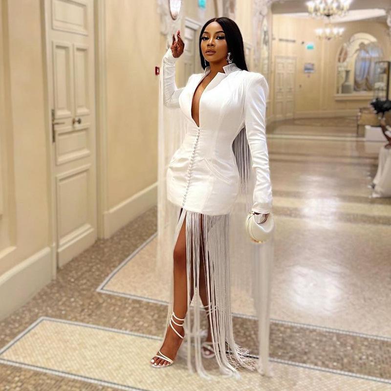 V-neck Long Sleeve Tassel Dress