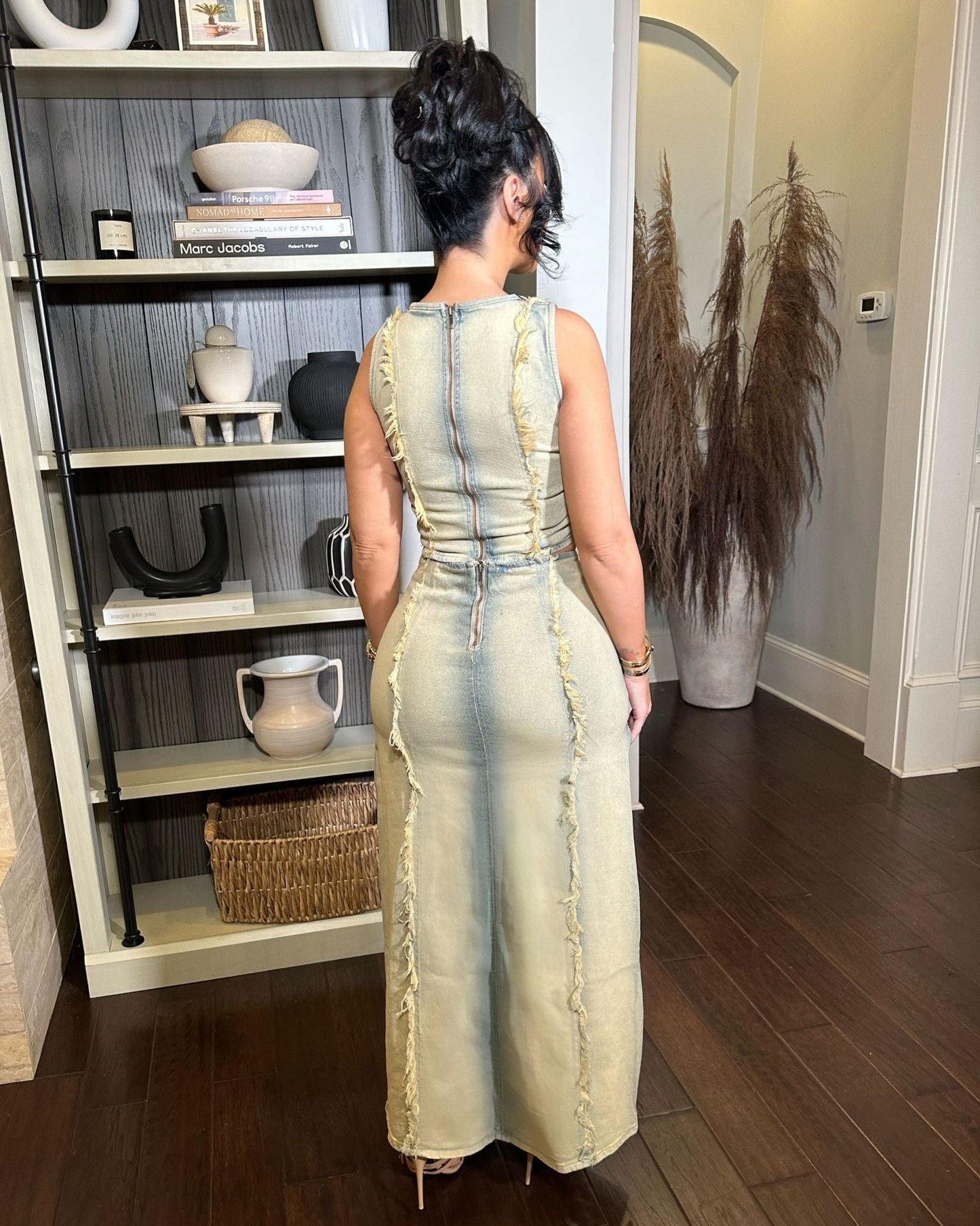 Handmade frayed vest and denim skirt suit
