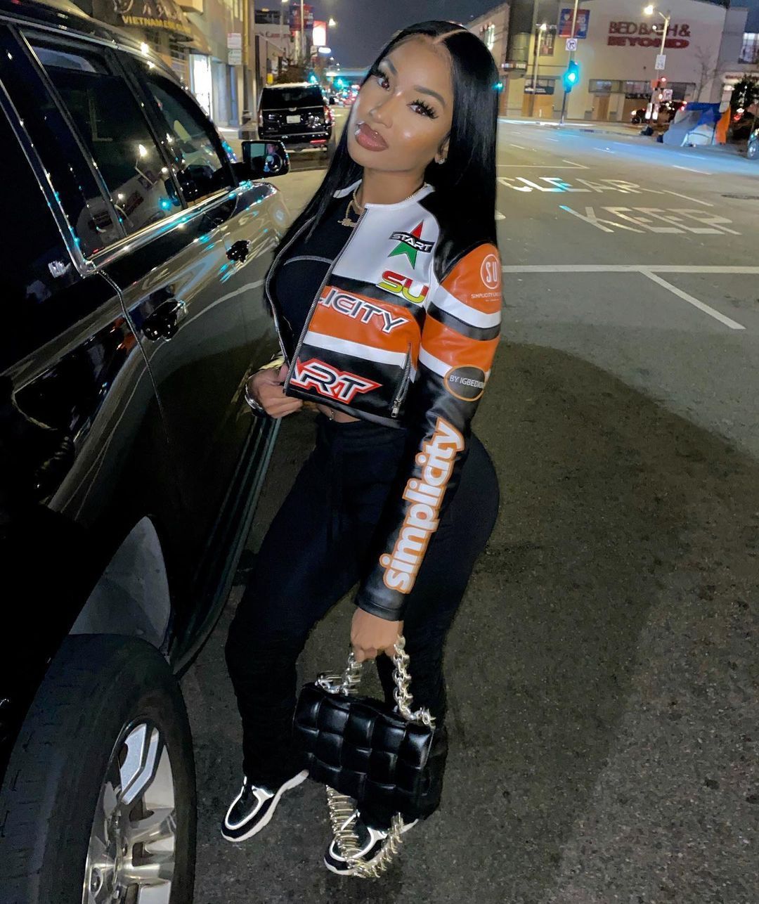 Contrast Color Letter Print Zipper Motorcycle Jacket