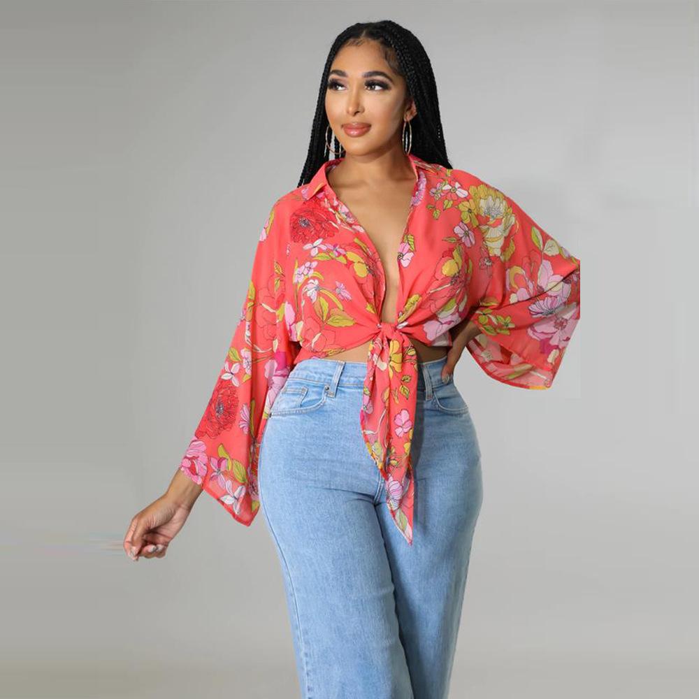 V-neck Bandage Printed Top