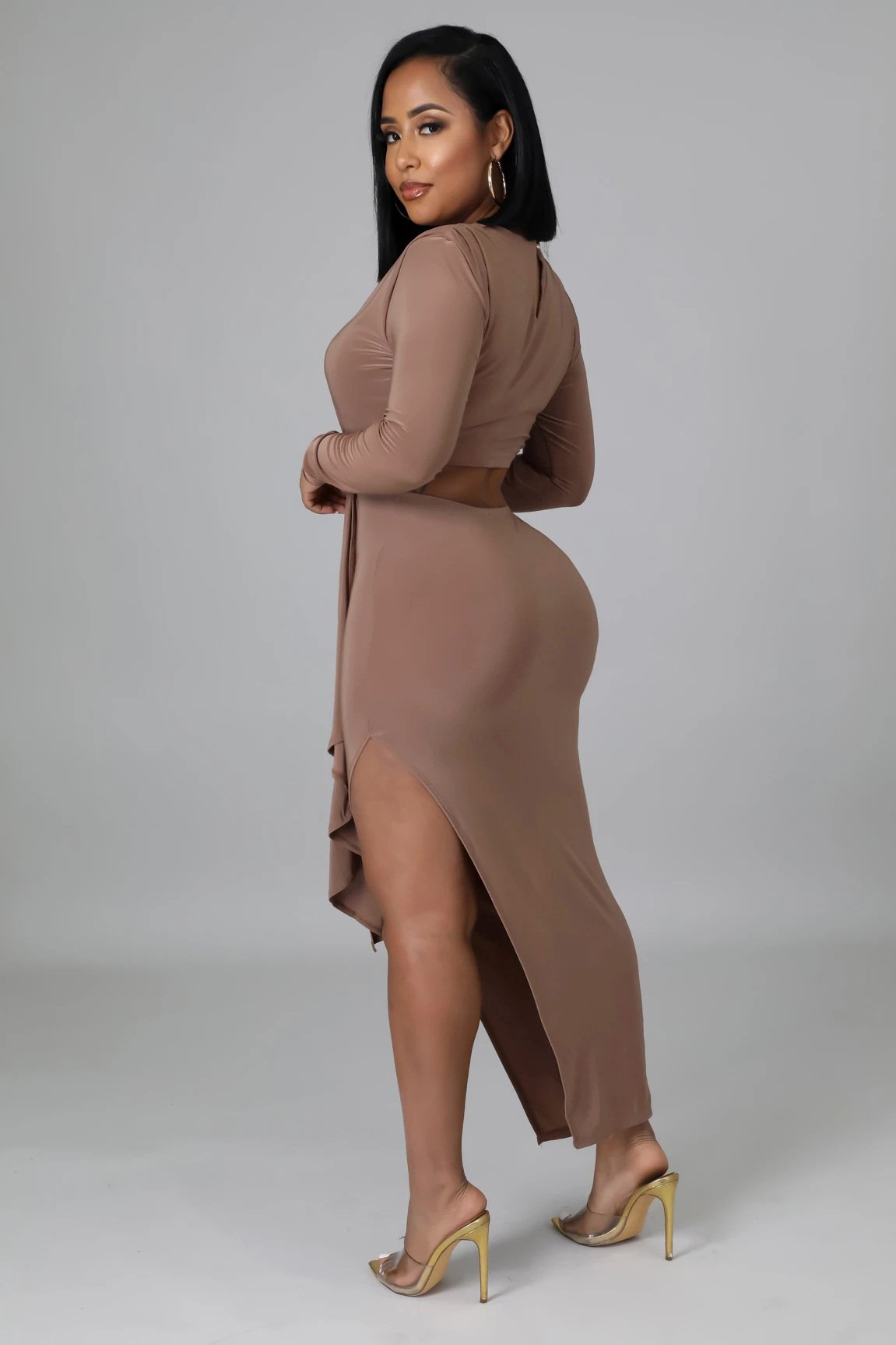 Solid Color Long Sleeve Irregular Waist Dress