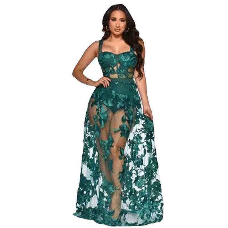 Solid color embroidered see-through slim fit non-elastic strap dress