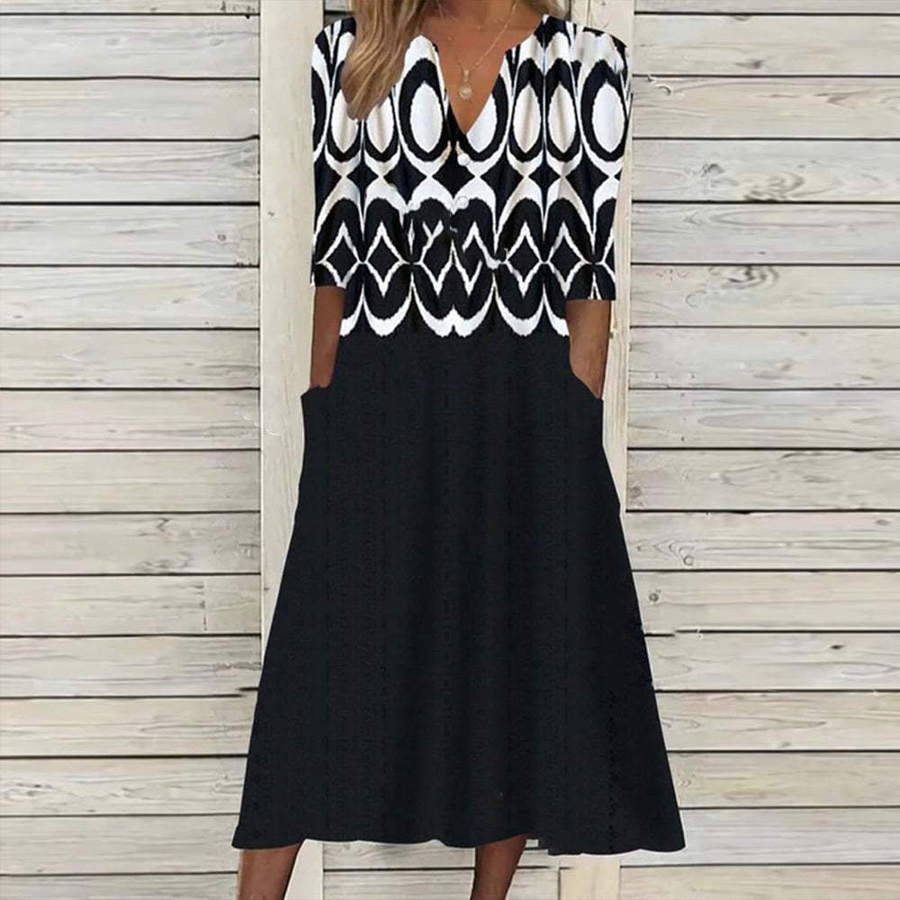 Print V-Neck 3/4 Sleeve Midi Dress