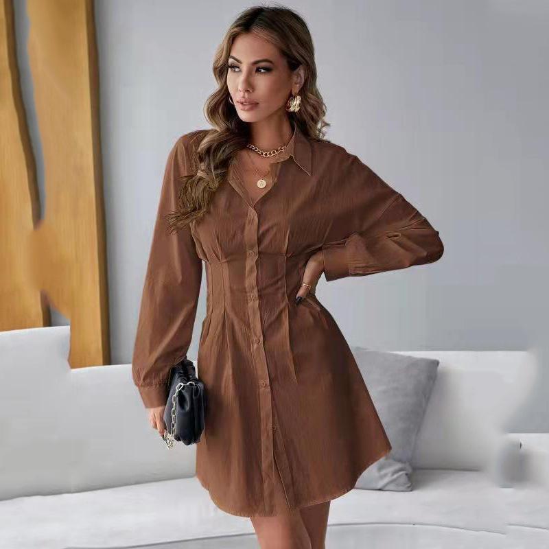 French Lapel Button Pleated Dress