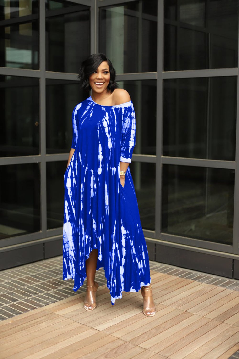 Wide Neck Tie Dyed Dress With Pockets