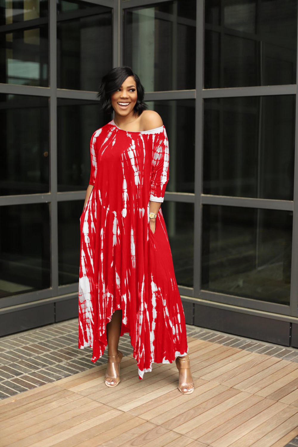 Wide Neck Tie Dyed Dress With Pockets
